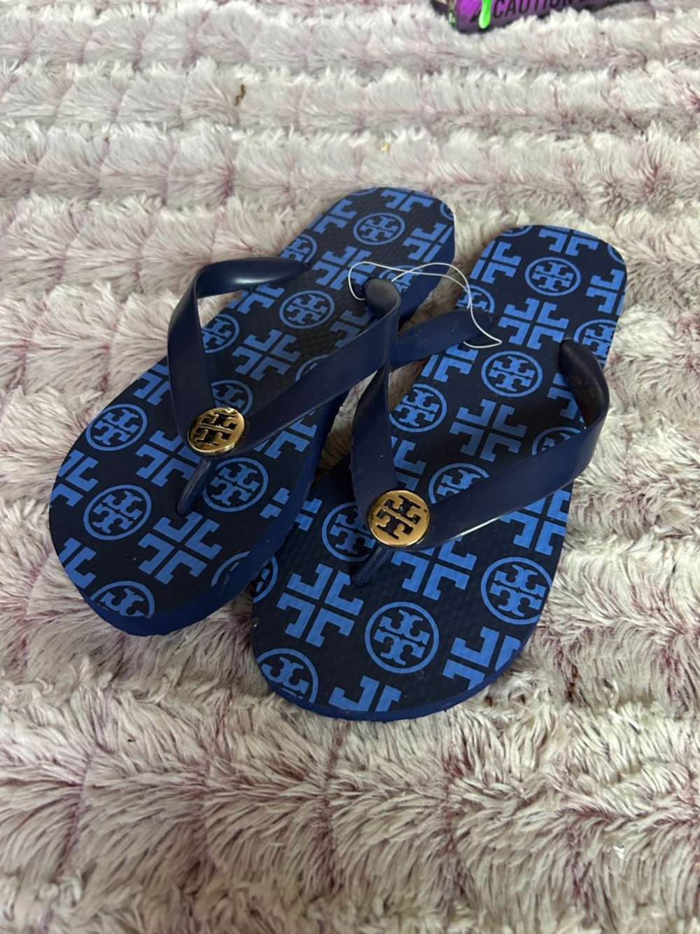 Tory Burch Navy and Light Blue Logo Flip Flops with Gold Emblem size 6